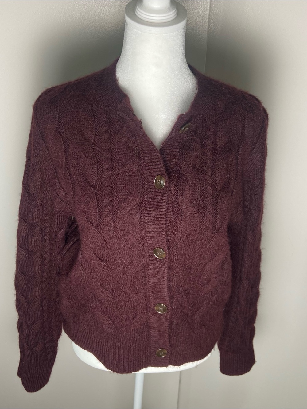 LOFT Cable-Knit Button Cardigan in Deep Burgundy - Picture 4 of 7